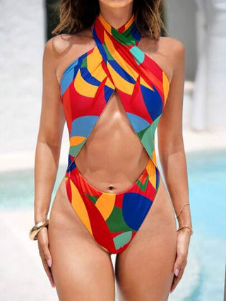 مايوه حريمي قطعة واحدة Vivid Eden بدلة سباحة قطعة واحدة من المرأة ذات طبعة هندسية ومقاطع متقاطعة من الخلف، أسلوب العطلة