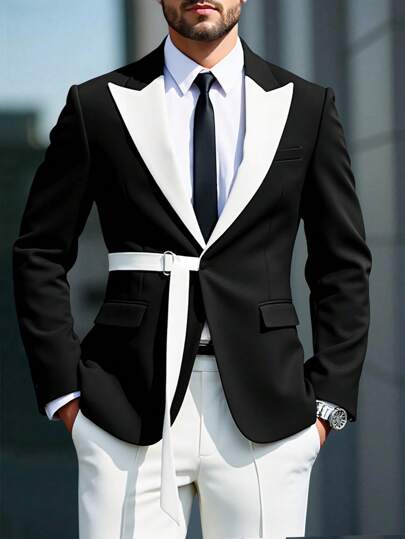 Manfinity Mode جاكيت بدلة الرجال ذات لون متباين ورقع للتنقل والأعمال