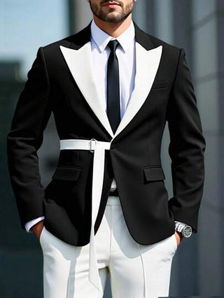 Manfinity Mode جاكيت بدلة الرجال ذات لون متباين ورقع للتنقل والأعمال