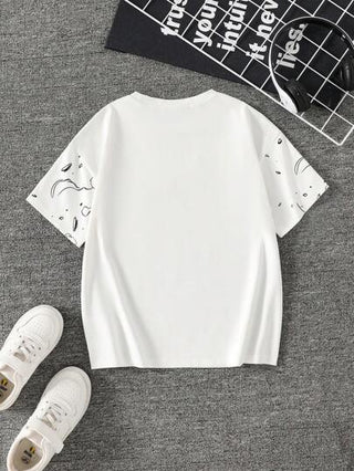 بلوزة تيشيرت حريمي كاجوال بأكمام قصيرة ذات ياقة طاقم بطبعات كرتون للمراهقين