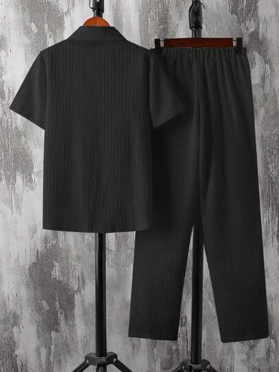 مجموعة سروال وقميص مخطط نسيج جاكار كاجوال فضفاض للفتى المراهق 2 قطعة