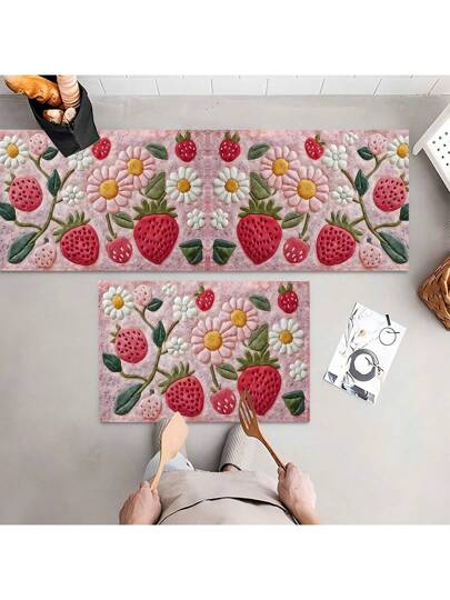 قطعة واحدة ، ديكور المنزل ، سجادة مطبوعة بنمط الفراولة النابض بالحياة ، سجادة مطبوعة ثلاثية الأبعاد مربعة مناسبة للغرف المعيشية والنوم والمداخل والحمامات وغرفة الغسيل - سجاد بوليستر للاستخدام الداخلي / الخارجي