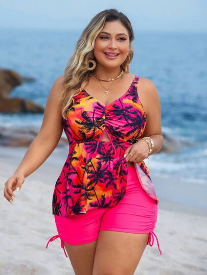 Swim Lushoire ملابس علوية محصورة ذات رباط وصبغة التعادل مع طباعة أشجار جوز الهند مقاس كبير مع شورت قصير رباطي بلون واحد للمرأة، ملابس صيفية عطلة، قطعتان ملابس سباحة