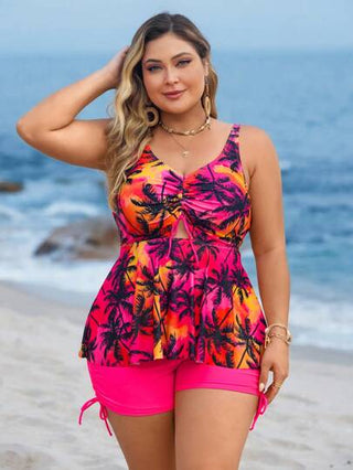Swim Lushoire ملابس علوية محصورة ذات رباط وصبغة التعادل مع طباعة أشجار جوز الهند مقاس كبير مع شورت قصير رباطي بلون واحد للمرأة، ملابس صيفية عطلة، قطعتان ملابس سباحة