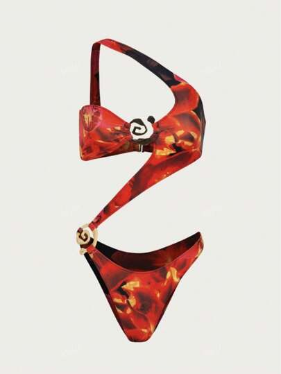 مايوه حريمي قطعة واحدة مجموعة بكيني حديثة لعام 2025 بتفاصيل معدنية لشبكة الكتف، ملابس سباحة مطبوعة