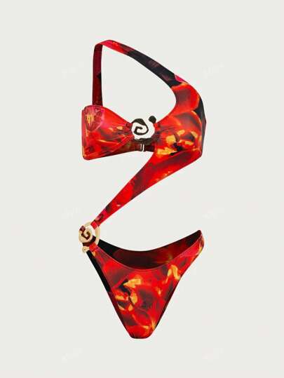 مايوه حريمي قطعة واحدة مجموعة بكيني حديثة لعام 2025 بتفاصيل معدنية لشبكة الكتف، ملابس سباحة مطبوعة