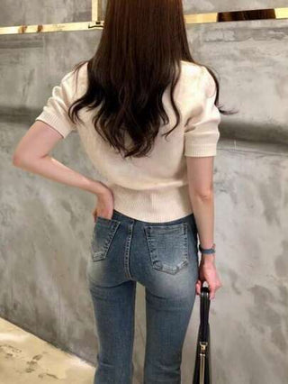 INAWLY كارديجان قصير الأكمام مناسب للنساء، محبوك بشكل مناسب الجسم، ذو إغلاق أحادي الصدر، كاجوال