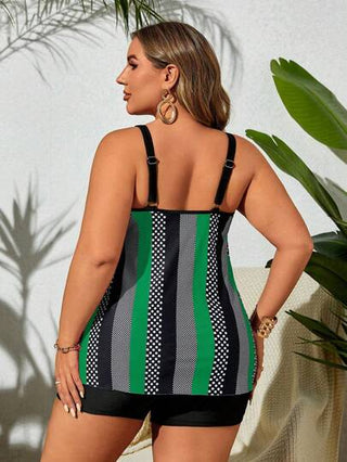 SHEIN VCAY مجموعة بكيني مقاسات كبيرة للنساء ذات طبعات عشوائية، بحمالات سباغيتي وألواح علوية قصيرة بخصر عالٍ