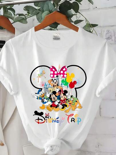 Disney فستان صيفي للنساء، طباعة رسوم كرتونية لميكي ورفاقه والقلعة، تي شيرت كاجوال بياقة طاقم وأكمام قصيرة، قطعة ملابس علوية صيفية عادية