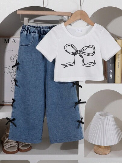 تيشيرتات بناتي طقم للفتيات يتكون من ملابس علوية حريرية مطبوعة برسومات الفراشات وبنطال جينز فضفاض مزخرف بالفراشات للاستخدام الكاجوال في الصيف