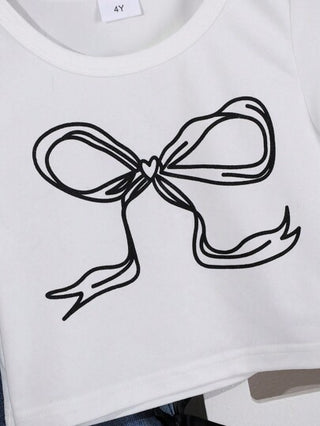 تيشيرتات بناتي طقم للفتيات يتكون من ملابس علوية حريرية مطبوعة برسومات الفراشات وبنطال جينز فضفاض مزخرف بالفراشات للاستخدام الكاجوال في الصيف