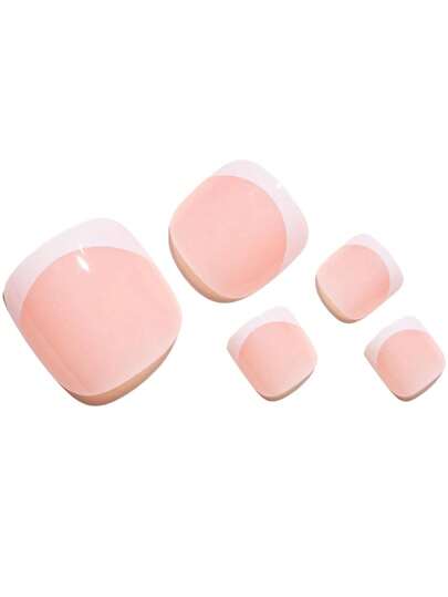 24 قطعة من أظافر القدم البيضاء المربعة القصيرة ذات النمط الفرنسي المنمق، أظافر قدم صناعية كاملة الغطاء ذات لمعان لنساء وفتيات