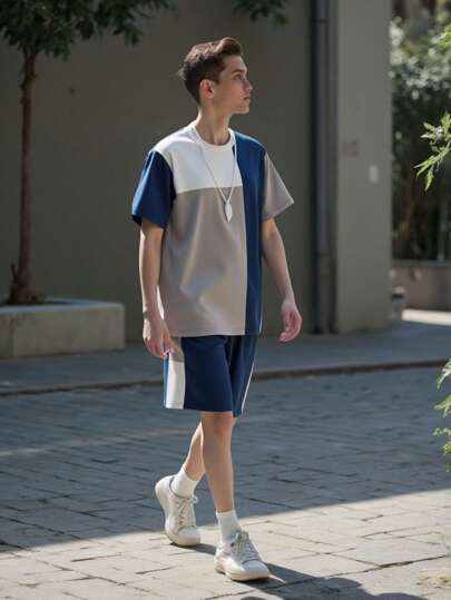 SHEIN مجموعة 2 قطعة بتصميم بسيط ذو لونين مناسب للمراهقين من القمصان والشورت الرياضية اليومية ، مناسب للارتداء اليومي والنشاطات الخارجية في الربيع والصيف