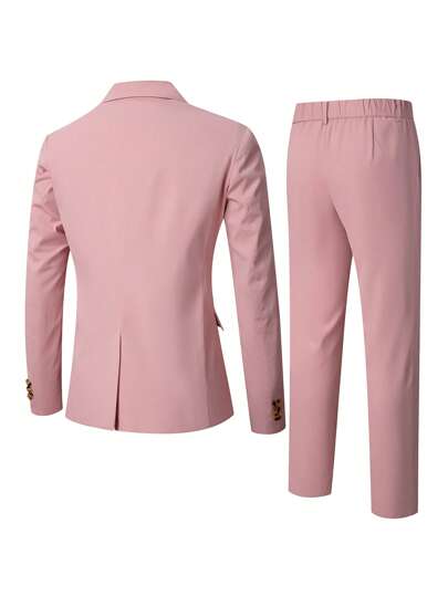 Manfinity Mode طقم بدلة كاجوال رجالي مكون من سترة وبنطلون بأكمام طويلة وياقة مطوية بلون سادة، بدلة صيفية للرجال