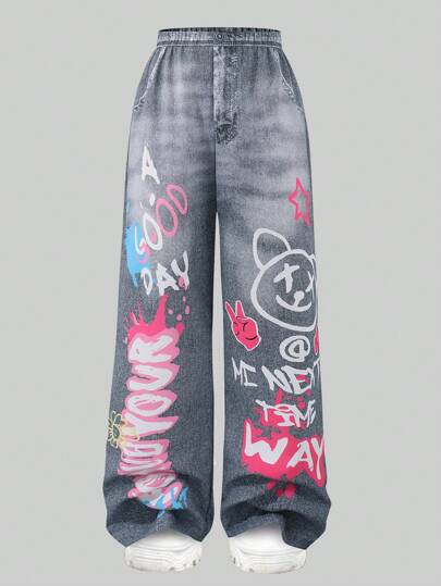 SHEIN بنطال فضفاض ذو ساق واسعة مطبوع بالغرافيتي للفتيات المراهقات