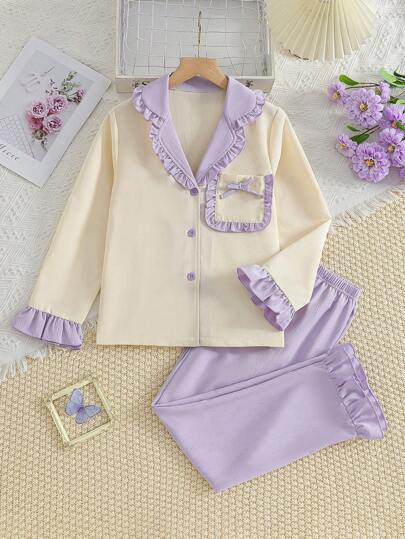 بيجاما مجموعة بنطلون وبيجامة بأكمام طويلة مزهرية باللون البنفسجي والشمبانيا 2 قطعة/مجموعة، لفصل الصيف