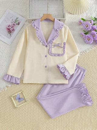 بيجاما مجموعة بنطلون وبيجامة بأكمام طويلة مزهرية باللون البنفسجي والشمبانيا 2 قطعة/مجموعة، لفصل الصيف