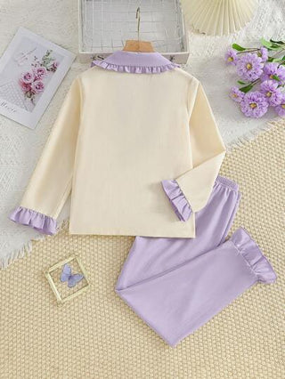 بيجاما مجموعة بنطلون وبيجامة بأكمام طويلة مزهرية باللون البنفسجي والشمبانيا 2 قطعة/مجموعة، لفصل الصيف