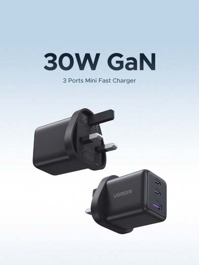 UGREEN شاحن جداري متعدد المنافذ متوافق مع أجهزة 16 15 14 برو ماكس، بقدرة 30 واط من نوع USB-A وC وتقنية GAN محول مناسب للسفر والمكتب والإقامة والمنزل