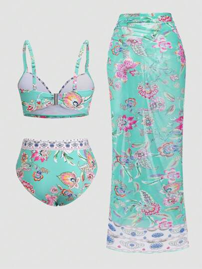 Swim Oasis مجموعة بيكيني ذات خصر عالي مجعد بثلاث قطع مع طباعة حوريه البحر الملونة، مقرنة بتنورة ساتجر شبكية مطبوعة، ملابس سباحة صيفية بطراز المنتجعات للمرأة ذات الحجم الكبير