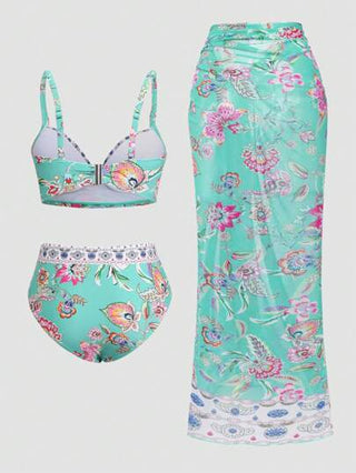 Swim Oasis مجموعة بيكيني ذات خصر عالي مجعد بثلاث قطع مع طباعة حوريه البحر الملونة، مقرنة بتنورة ساتجر شبكية مطبوعة، ملابس سباحة صيفية بطراز المنتجعات للمرأة ذات الحجم الكبير