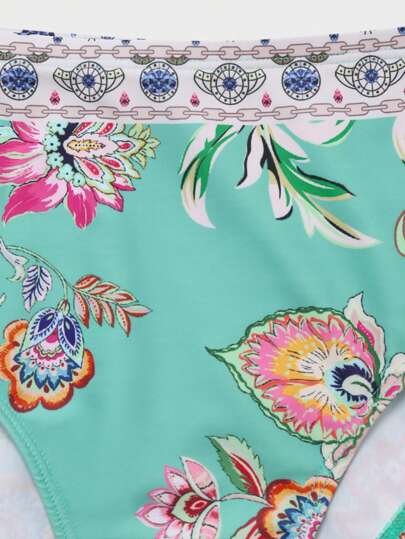 Swim Oasis مجموعة بيكيني ذات خصر عالي مجعد بثلاث قطع مع طباعة حوريه البحر الملونة، مقرنة بتنورة ساتجر شبكية مطبوعة، ملابس سباحة صيفية بطراز المنتجعات للمرأة ذات الحجم الكبير