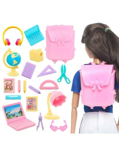19 قطعة/طقم إكسسوارات لتعليم الدمى بحقيبة ظهر كمبيوتر مصباح مسطرة سماعات ألعاب، مناسبة للدمى بحجم 11.5 بوصة/30 سم، تعليمي مبكر