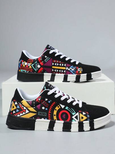 كاجوال ألوان متباينة وغرافيتي عشوائي طباعة لصبارة، أربطة رباط منخفضة، أحذية رياضية للرجال والمراهقين، خفيفة ومريحة، أحذية للشارع والخارج، أحذية للأزواج