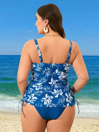 Swim Lushoire مجموعة بيكيني من قطعتين للنساء مقاسات كبيرة، ملابس علوية بنقشة نباتية وحمالات سميكة بدون أكمام، وسروال ثلاثي اللون