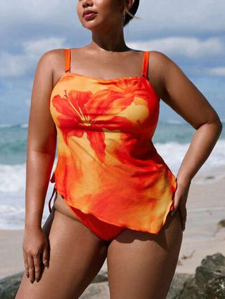طقم تانكيني حريمي Swim Lushoire بدلة سباحة مطبوعة بطبعة زهور للنساء كبيرات الحجم مع أربطة سميكة، وشورت بكسرة عالية الخصر للتنحيف، مجموعة من قطعتين، للإجازة والأوقات الترفيهية