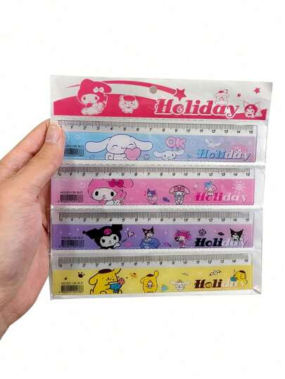 أدوات مكتبية ومدرسية Sanrio 4 قطع/مجموعة مسطرة قرطاسية بشخصيات سلام كيتي ومليودي وكورومي، مسطرة قياس جيب كيوت مميزة 15سم مسطرة موجية ، مسطرة فنية (بعض الأجزاء قد تكون عشوائية)