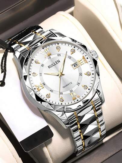 ساعة كوارتز مع شريط ومرفق من الفولاذ المقاوم للصدأ بأرقام رومانية مناسبة كهدية عيد ميلاد أو تخرج أو مناسبات أخرى للشباب، قطعة واحدة من الملابس الرسمية مع التقويم