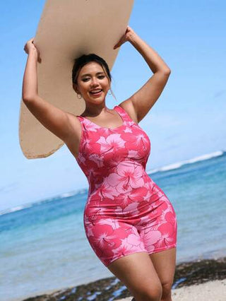 SHEIN Swim Curve بدلة سباحة جزئية كاجوال بلا أكمام وظهر مفتوح مع طباعة زهور، مناسبة للمرأة البدينة للاستخدام في العطلات والشاطئ والرياضة