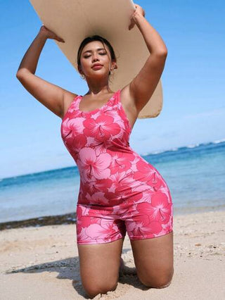 SHEIN Swim Curve بدلة سباحة جزئية كاجوال بلا أكمام وظهر مفتوح مع طباعة زهور، مناسبة للمرأة البدينة للاستخدام في العطلات والشاطئ والرياضة