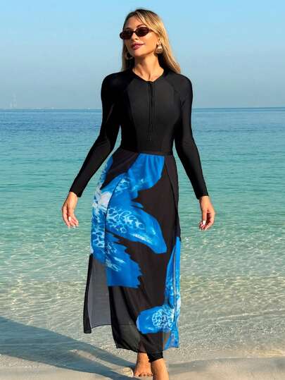 Swim Shayni مجموعة ملابس سباحة مكونة من ثلاث قطع: قميص نصف كم طويل، وبنطلون طويل، وتنورة ملفوفة بشكل زهرة اللوتس، بوركيني متواضع للسباحة لمناطق الشرق الأوسط والعربية