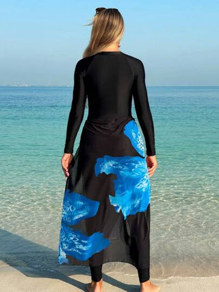 Swim Shayni مجموعة ملابس سباحة مكونة من ثلاث قطع: قميص نصف كم طويل، وبنطلون طويل، وتنورة ملفوفة بشكل زهرة اللوتس، بوركيني متواضع للسباحة لمناطق الشرق الأوسط والعربية