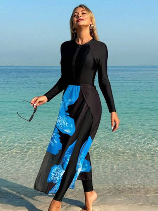 Swim Shayni مجموعة ملابس سباحة مكونة من ثلاث قطع: قميص نصف كم طويل، وبنطلون طويل، وتنورة ملفوفة بشكل زهرة اللوتس، بوركيني متواضع للسباحة لمناطق الشرق الأوسط والعربية
