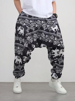 قطعة واحدة بنطلون هاريم ذو قصة واسعة مطبوع بطبعة الفيل بطراز بانك للرجال، تصميم طبعات عشوائية