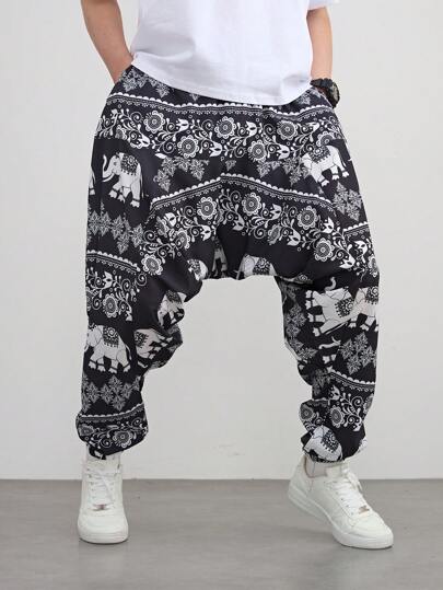 قطعة واحدة بنطلون هاريم ذو قصة واسعة مطبوع بطبعة الفيل بطراز بانك للرجال، تصميم طبعات عشوائية