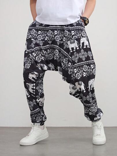 قطعة واحدة بنطلون هاريم ذو قصة واسعة مطبوع بطبعة الفيل بطراز بانك للرجال، تصميم طبعات عشوائية