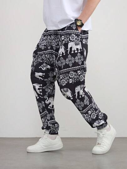 قطعة واحدة بنطلون هاريم ذو قصة واسعة مطبوع بطبعة الفيل بطراز بانك للرجال، تصميم طبعات عشوائية