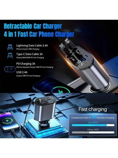 شاحن سيارة سريع بكبل قابل للسحب 4 في 1 ، شاحن USB للسيارة متوافق مع هواتف 11/12/13/14/15/Pro Max، Galaxy S23/22، Pixel و IPad Pro من اكسسوارات السيارة