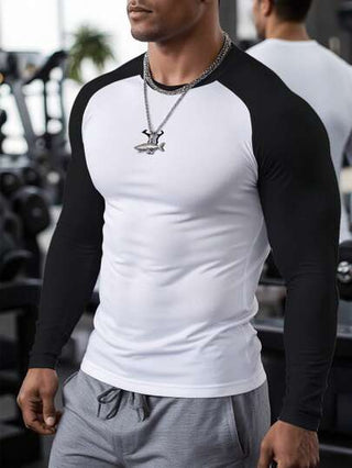 Manfinity Sport Corelite قميص رياضي رجالي بأكمام طويلة وياقة مدورة مطبوع بألوان متباينة، ملابس رياضية للتمارين البدنية والركض