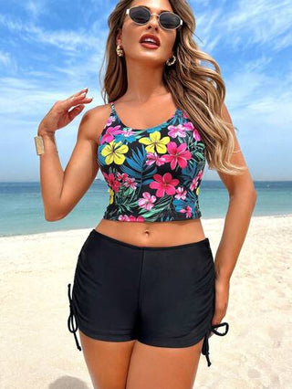 طقم تانكيني حريمي Swim Lushoire مجموعة من 2 قطعة بدلة بكامي مثير بحمالات رفيعة بطبعة أزهار عشوائية ولباس داخلي جانبي بلون أحادي، بذلة سباحة أنيقة