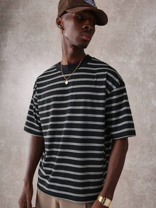 SUMWON قميص تي شيرت مقلم فضفاض من جيرسي قطني، ملابس خارجية عادية لفصل الصيف، أكمام قصيرة ، مناسب للرياضة ، أساسي حضري ضروري للارتداء اليومي