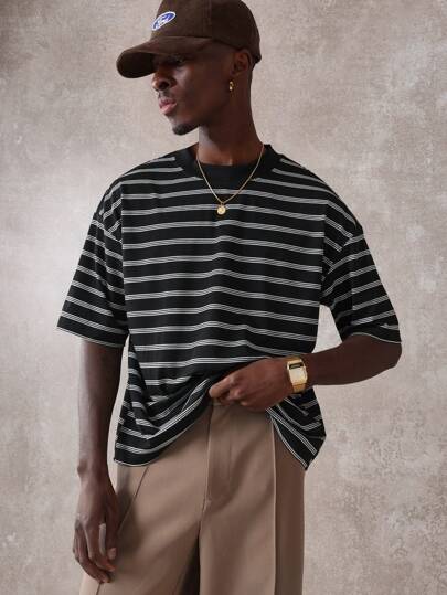 SUMWON قميص تي شيرت مقلم فضفاض من جيرسي قطني، ملابس خارجية عادية لفصل الصيف، أكمام قصيرة ، مناسب للرياضة ، أساسي حضري ضروري للارتداء اليومي