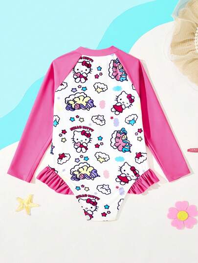 HELLO KITTY AND FRIENDS | SHEIN بدلة سباحة تنورتها قصيرة مطبوعة بكامل رسومات وحيد القرن الكرتونية والنجوم، بأناقة عصرية، مناسبة للاستخدام في حمامات السباحة والشاطئ والحفلات