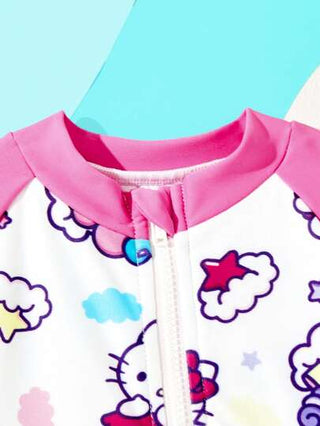 HELLO KITTY AND FRIENDS | SHEIN بدلة سباحة تنورتها قصيرة مطبوعة بكامل رسومات وحيد القرن الكرتونية والنجوم، بأناقة عصرية، مناسبة للاستخدام في حمامات السباحة والشاطئ والحفلات