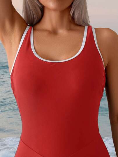 مايوه حريمي قطعة واحدة Swim SPRTY ملابس سباحة أحادية القطعة للنساء مصممة للصيف والتزحلق على الأمواج والرياضات المائية، بتصميم كتلة الألوان، مفتوحة الظهر ومفرّغة