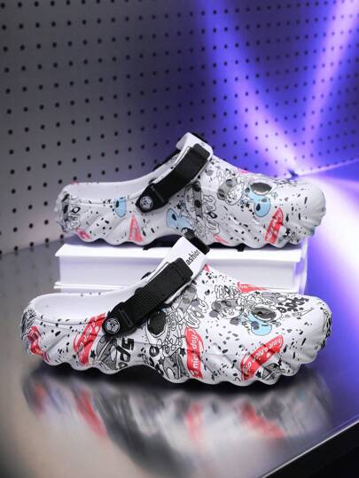 أحذية رجالية مُنفذة للهواء، مطبوعة بالماء، غير متناظرة مع فتحات مفرغة - أحذية قاعدة ناعمة مضادة للانزلاق ومنفذة للهواء ، أحذية حديقة ، أحذية شاطئ خارجية للأزواج. أحذية مفرغة بطباعة الغرافيتي ، أحذية عشوائية مفرغة بطباعة الغرافيتي